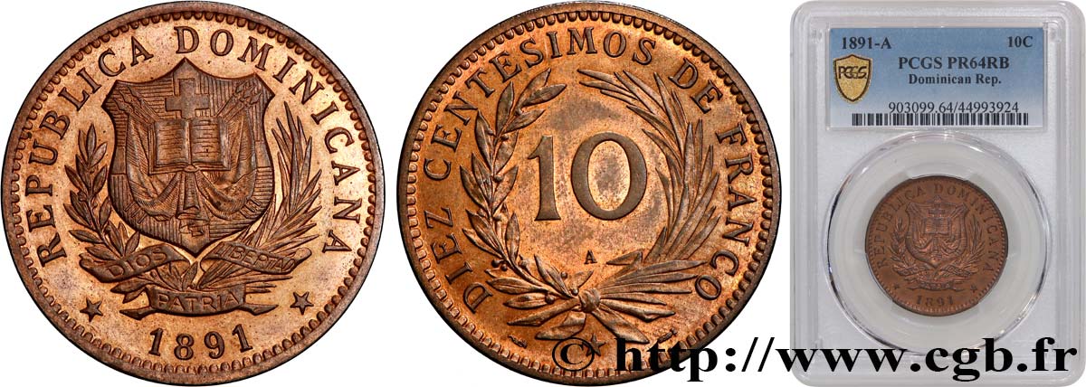 REPúBLICA DOMINICANA 10 Centesimos Proof 1891 Paris SC64 PCGS