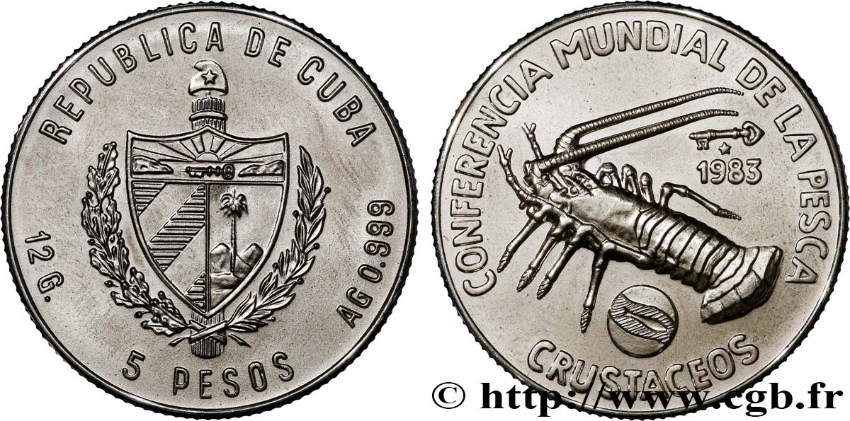 CUBA 5 Pesos Conférence internationale de la pêche : emblème / langouste 1983  SC 
