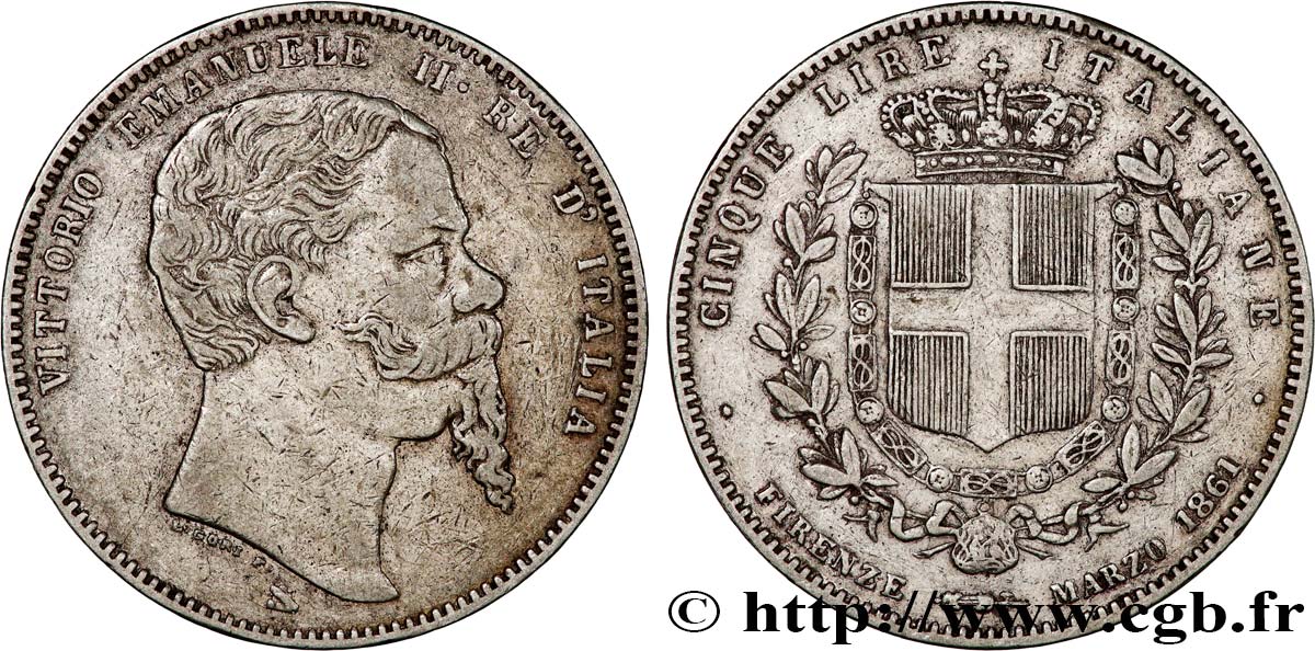 ITALY - KINGDOM OF ITALY - VICTOR-EMMANUEL II 5 Lire 1861 Florence VF 