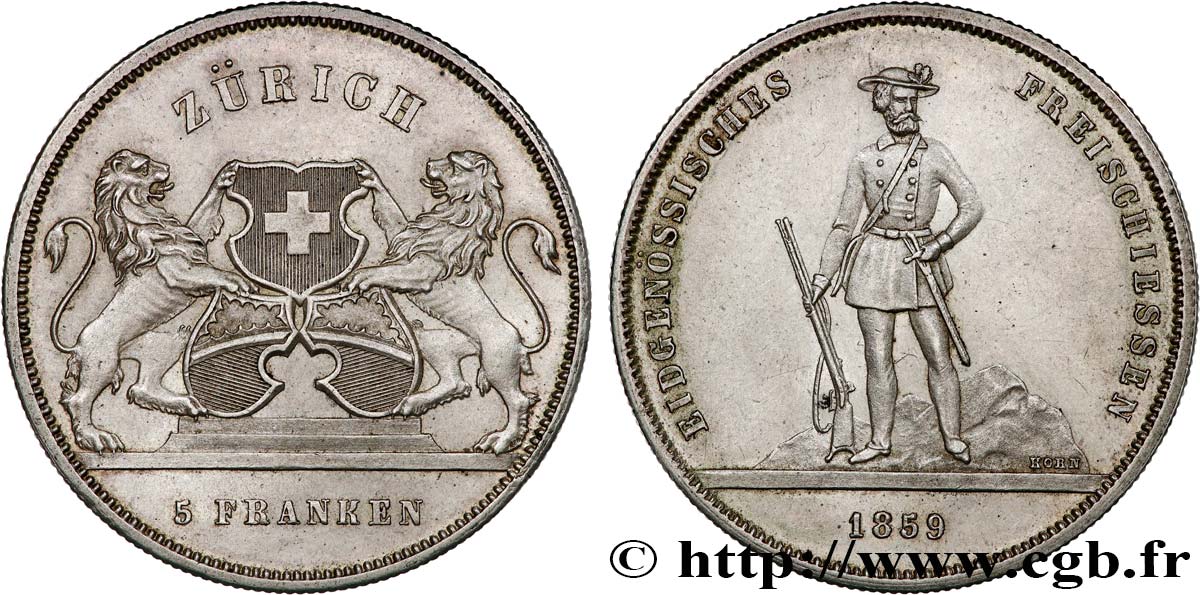 SWITZERLAND - CANTON OF ZÜRICH 5 Franken Tir de Zurich 1859  AU 
