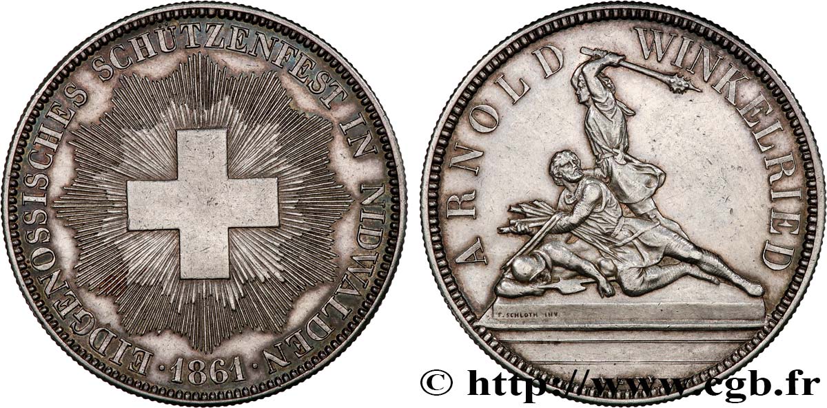 SUISSE Module de 5 Francs Tir de Nidwald (Nidwalden) 1861 SUP