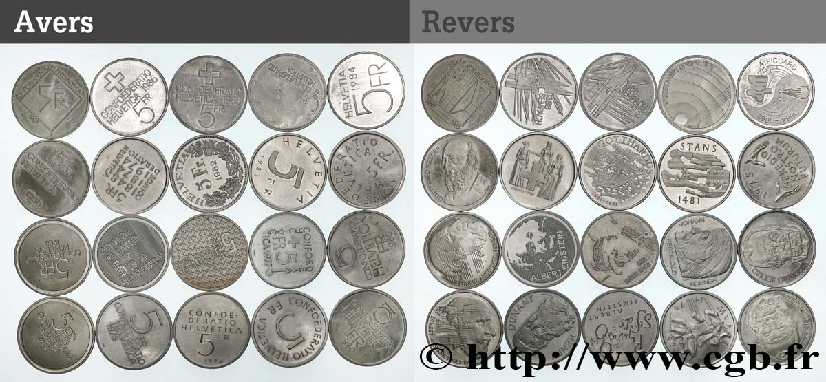 SUIZA Lot de 20 pièces de 5 francs en cupro-nickel n.d. Berne MBC 