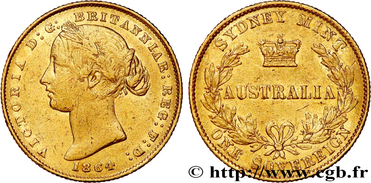 AUSTRALIA 1 Souverain Victoria 1864 Sydney XF 