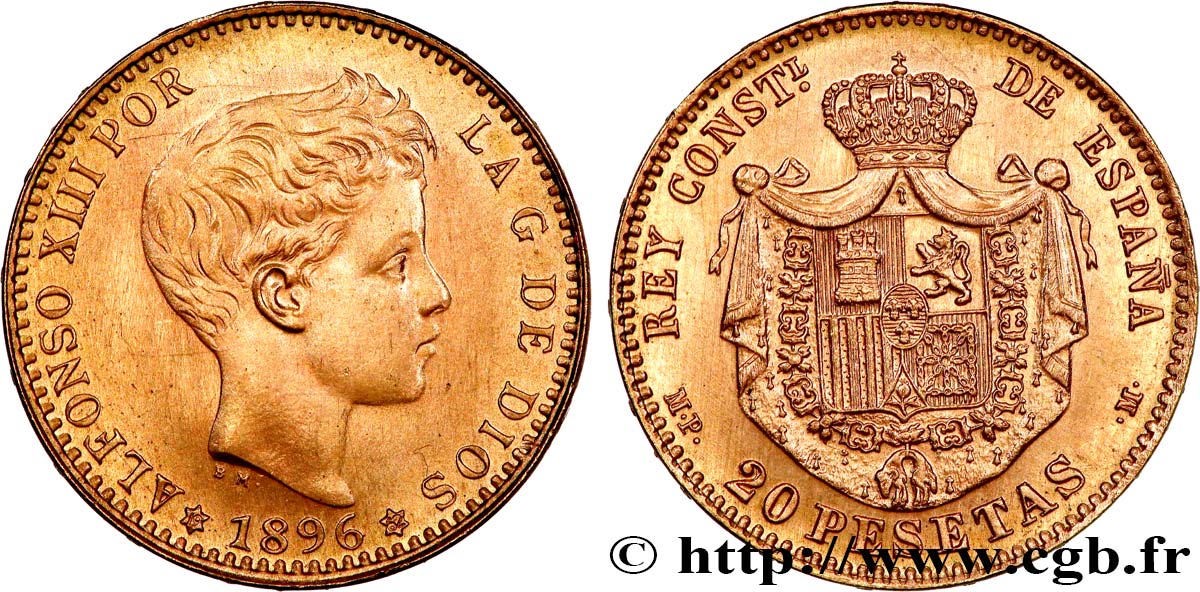 SPAIN 20 Pesetas Alphonse XIII (refrappe) M.P. - .M. 1896  MS 