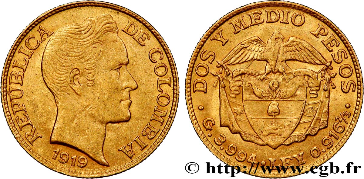 COLOMBIA 2 1/2 Pesos Simon Bolivar 1919 Bogota XF 