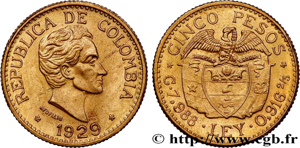 COLOMBIA 5 Pesos Simon Bolivar 1929 Medellin AU 
