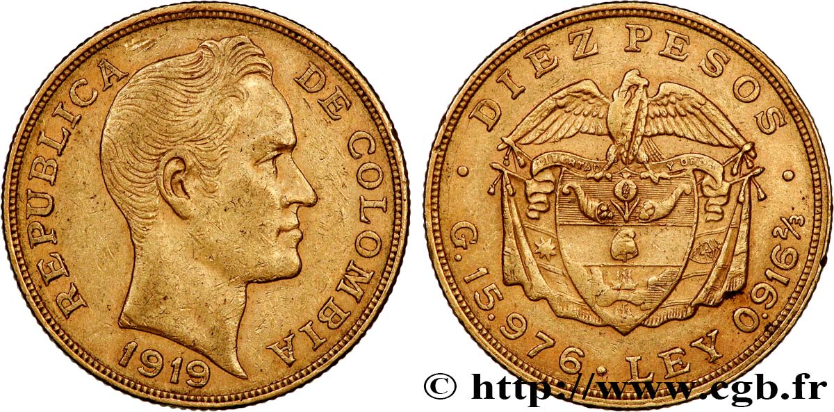 COLOMBIA 10 Pesos Simon Bolivar 1919 Bogota AU 