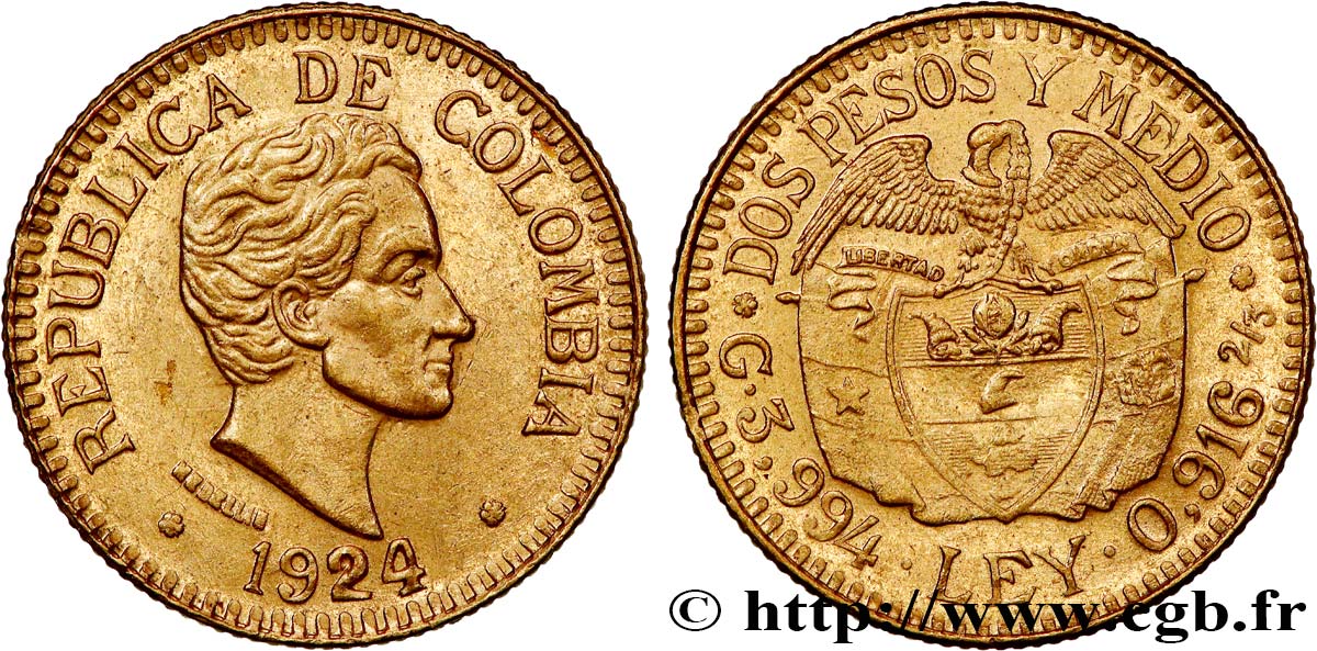 COLOMBIA 2 1/2 Pesos Simon Bolivar 1924 Medellin AU 