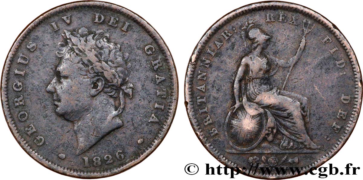 ROYAUME-UNI 1 Penny Georges IV tête laurée 1826  TB 