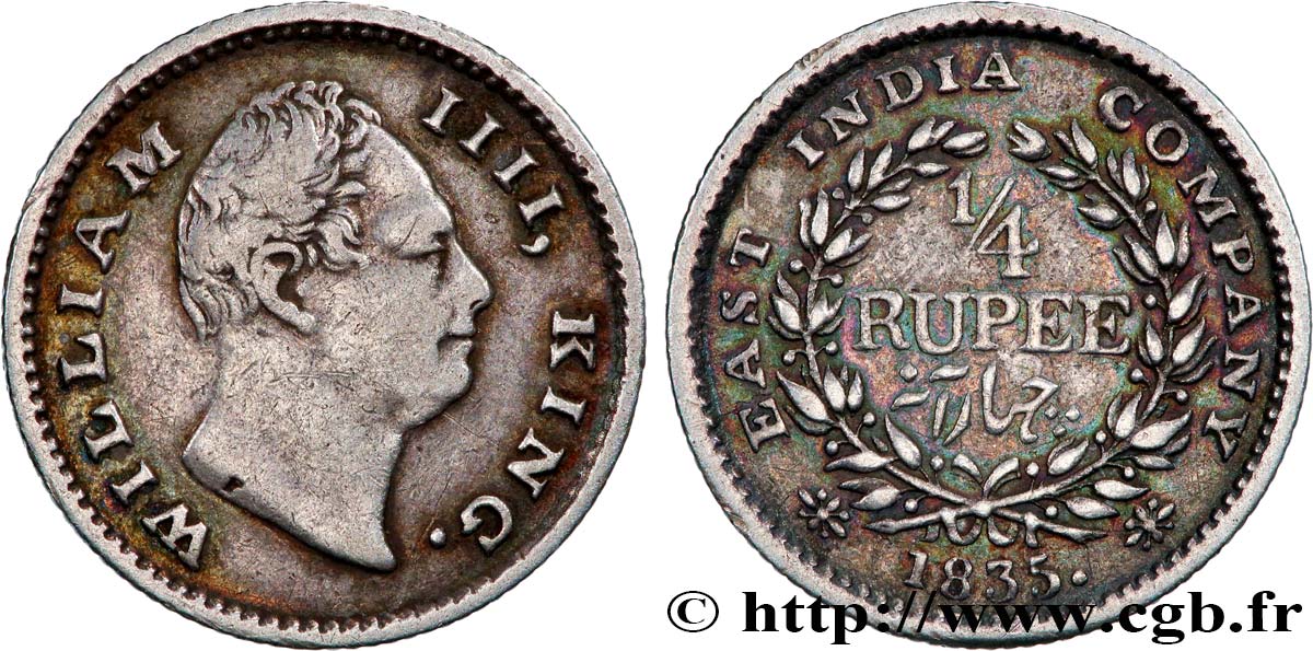 INDIA BRITANNICA 1/4 Rupee (Roupie) William IV 1835 Calcutta BB 