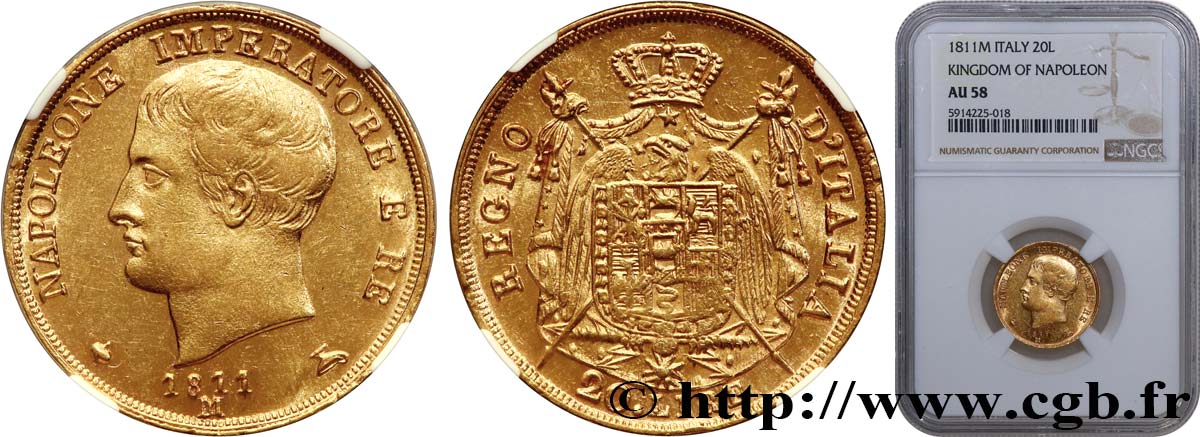 ITALY - KINGDOM OF ITALY - NAPOLEON I 20 Lire 1811 Milan AU58 NGC