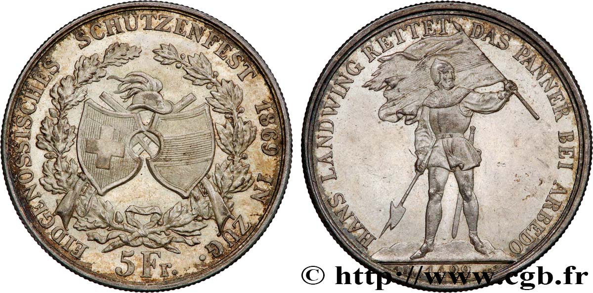 SVIZZERA  5 Francs, monnaie de Tir, Zoug 1869  SPL 