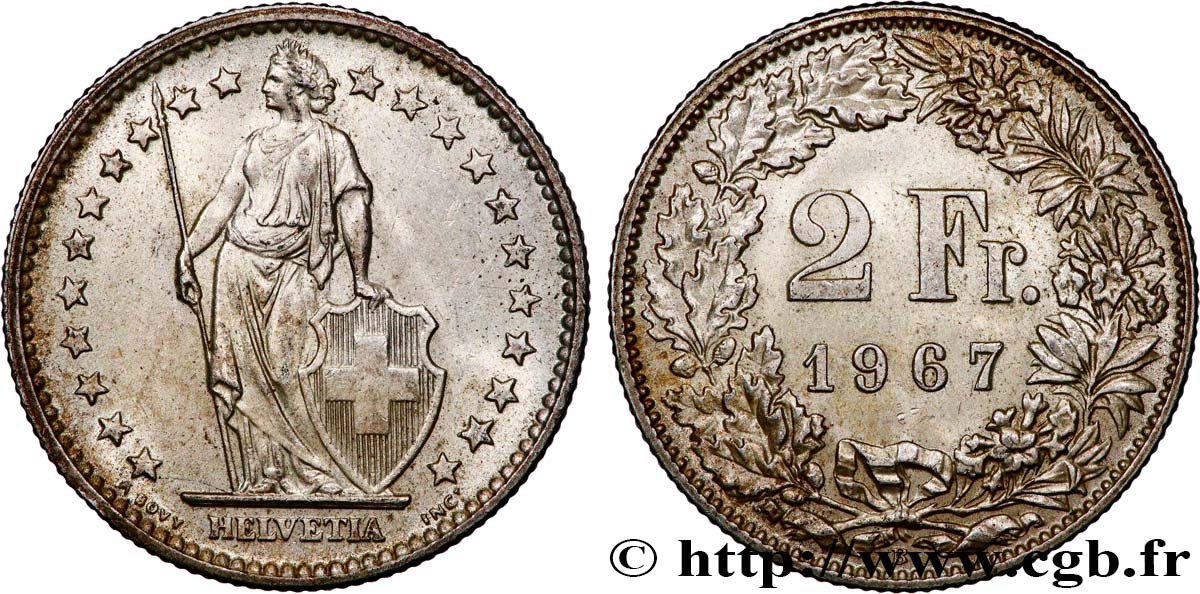 SCHWEIZ 2 Francs Helvetia 1967 Berne - B VZ