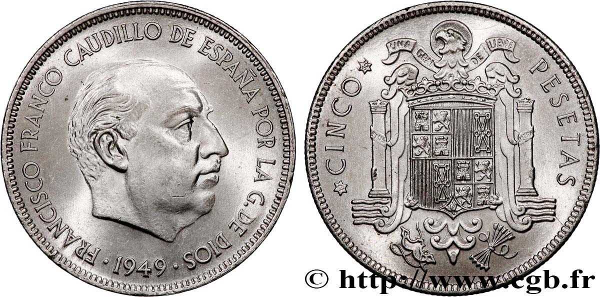 SPANIEN 5 Pesetas Franco (1950) 1949 VZ