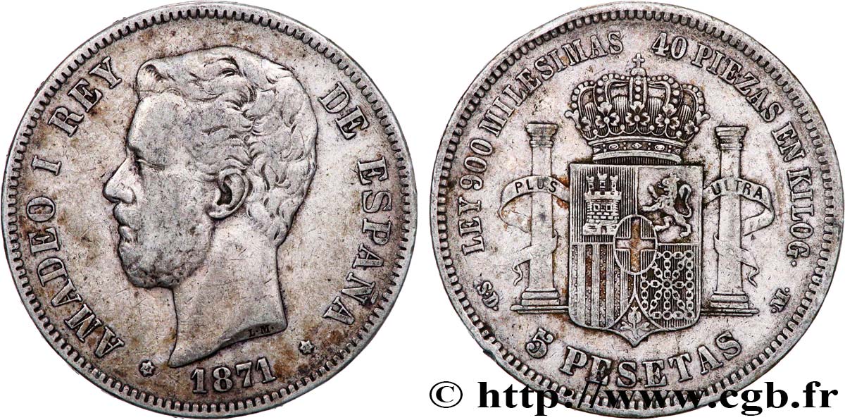 ESPAGNE 5 Pesetas Amédée Ier 1871 Madrid TB+