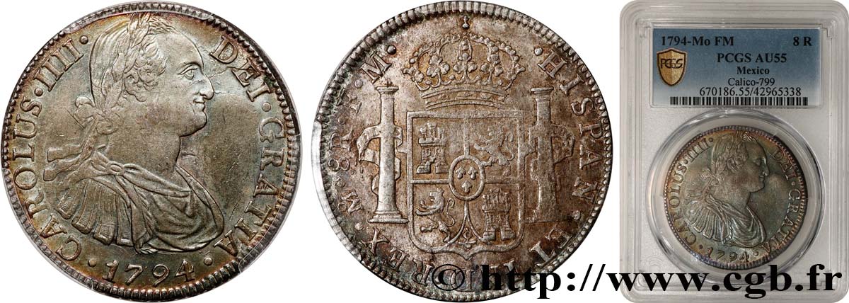 MEXICO - CHARLES IV 8 Reales  1794 Mexico AU55 PCGS
