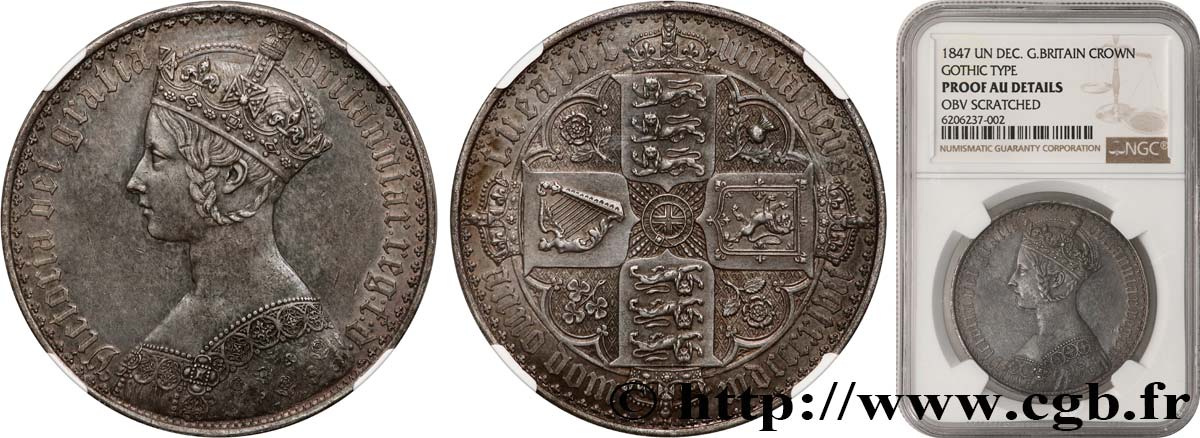 GRANDE BRETAGNE - VICTORIA Crown, style gothique, Proof 1847  SUP NGC