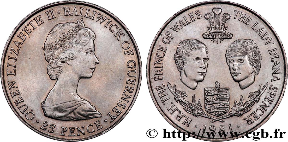 GUERNSEY 25 Pence Mariage Prince Charles et Lady Diana Spencer 1981  AU 