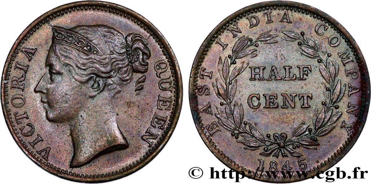 MALAYSIA - STRAITS SETTLEMENTS Half (1/2) Cent Victoria variété avec WW sur le buste 1845  XF 