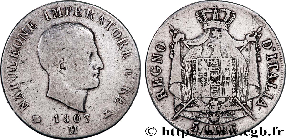 ITALY - KINGDOM OF ITALY - NAPOLEON I 5 Lire 1807 Milan VF 