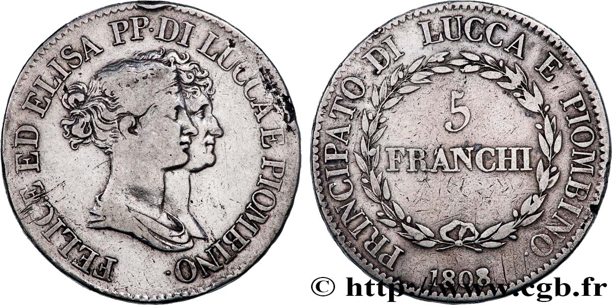 ITALY - PRINCIPALTY OF LUCCA AND PIOMBINO - FELIX BACCIOCHI AND ELISA BONAPARTE 5 Franchi  1808 Florence VF 