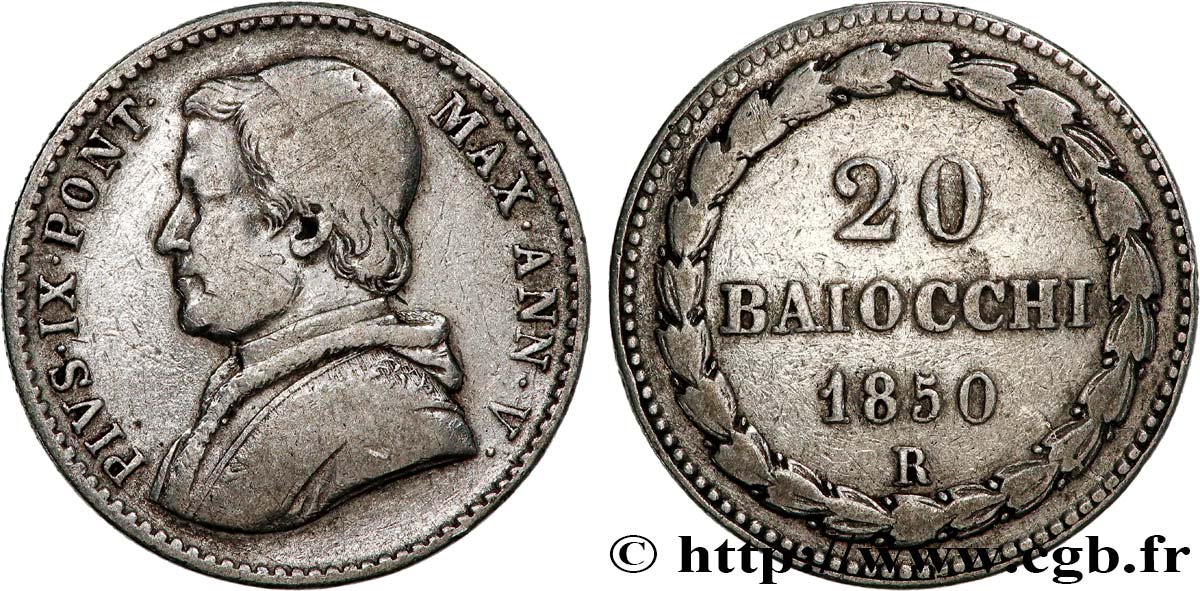 VATICAN ET ÉTATS PONTIFICAUX 20 Baiocchi Pie IX an IV 1850 Rome TB