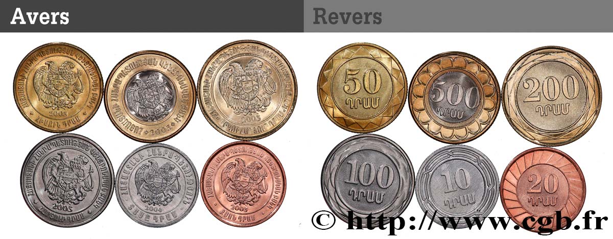 ARMENIA Lot 6 monnaies 10, 20, 50, 100, 200 et 500 Dram 2003-2004  MS 