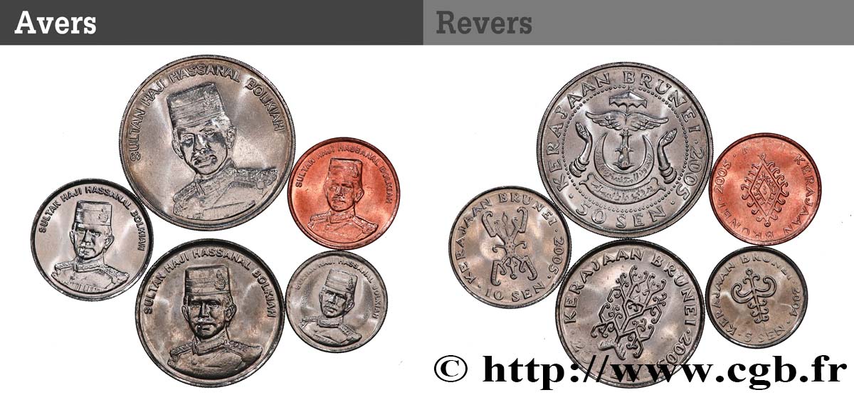 BRUNEI Lot de 5 monnaies 1, 5, 10, 20 et 50 Sen Hassanal Bolkiah I 2004-2005  MS 