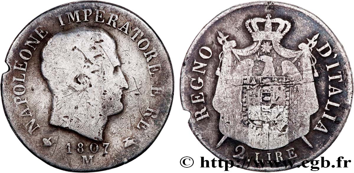 ITALY - KINGDOM OF ITALY - NAPOLEON I 2 Lire Napoléon Empereur et Roi d’Italie  1807 Milan  VF 