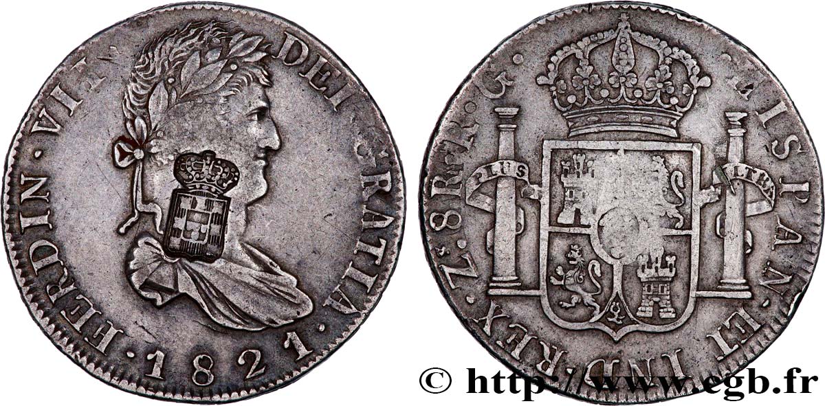 PORTUGAL - KINGDOM OF PORTUGAL - JOHN VI THE CLEMENT 8 Reales Ferdinand VII, contremarqué 1821 Zacatecas AU 