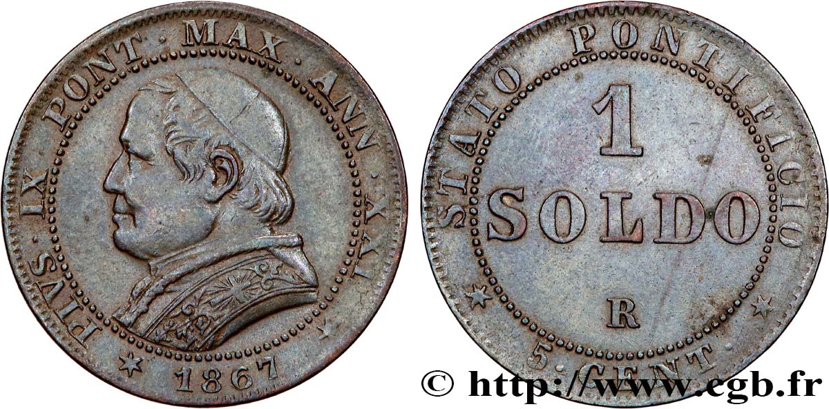 VATICAN ET ÉTATS PONTIFICAUX 1 Soldo an XXI buste large 1867 Rome TTB