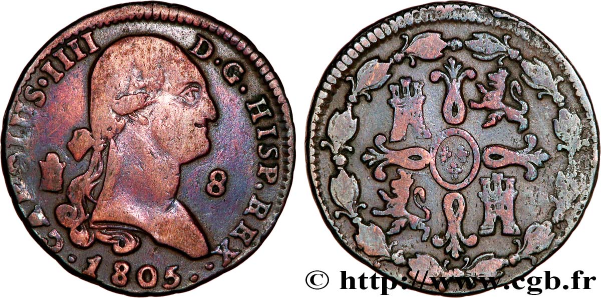 ESPAGNE 8 Maravedis Charles IIII 1805 Ségovie TB