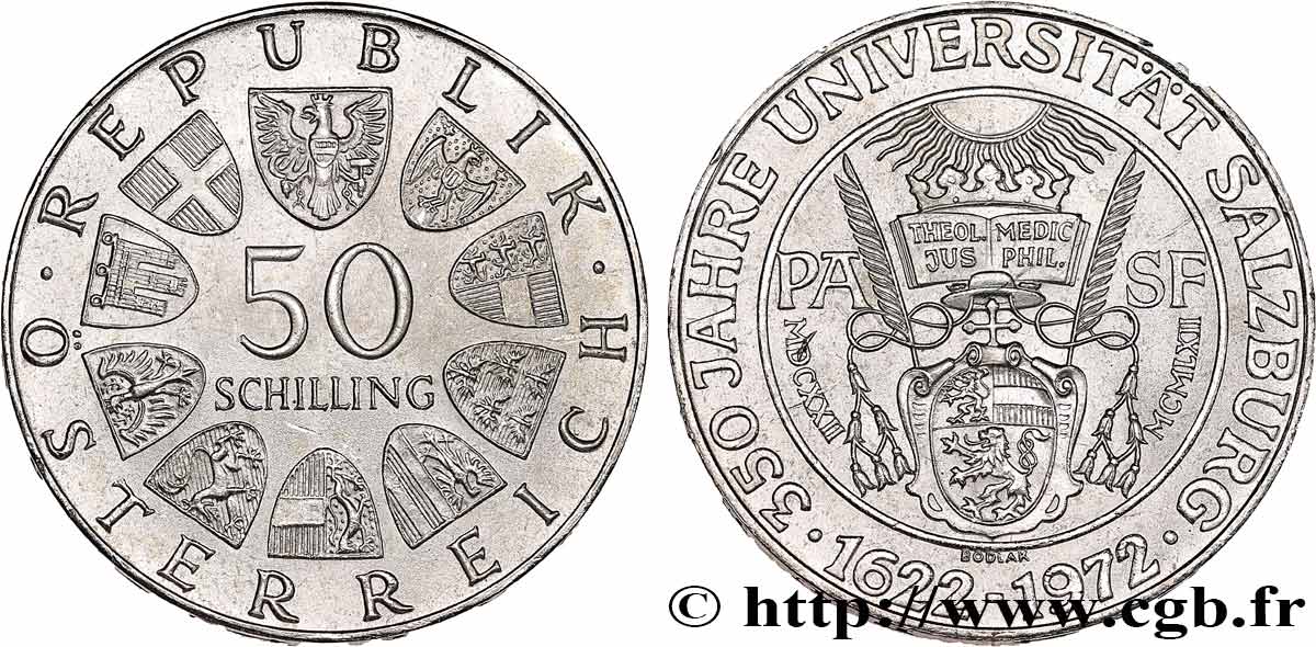 AUTRICHE 50 Schilling 350e anniversaire de l’université de Salzbourg 1972 SPL