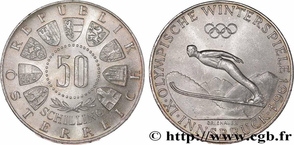 AUTRICHE 50 Schilling Jeux Olympiques d’Innsbruck, saut à ski 1964 Vienne SUP