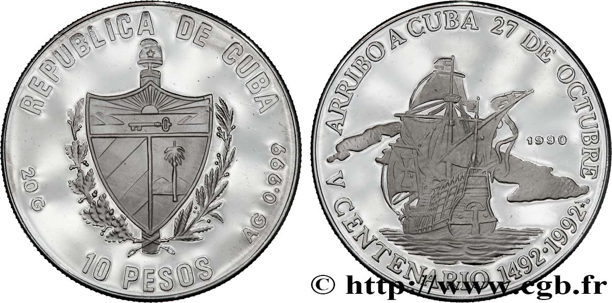 KUBA 10 Pesos Proof 500 ans arrivée de Christophe Colomb à Cuba 1990 La Havane fST 