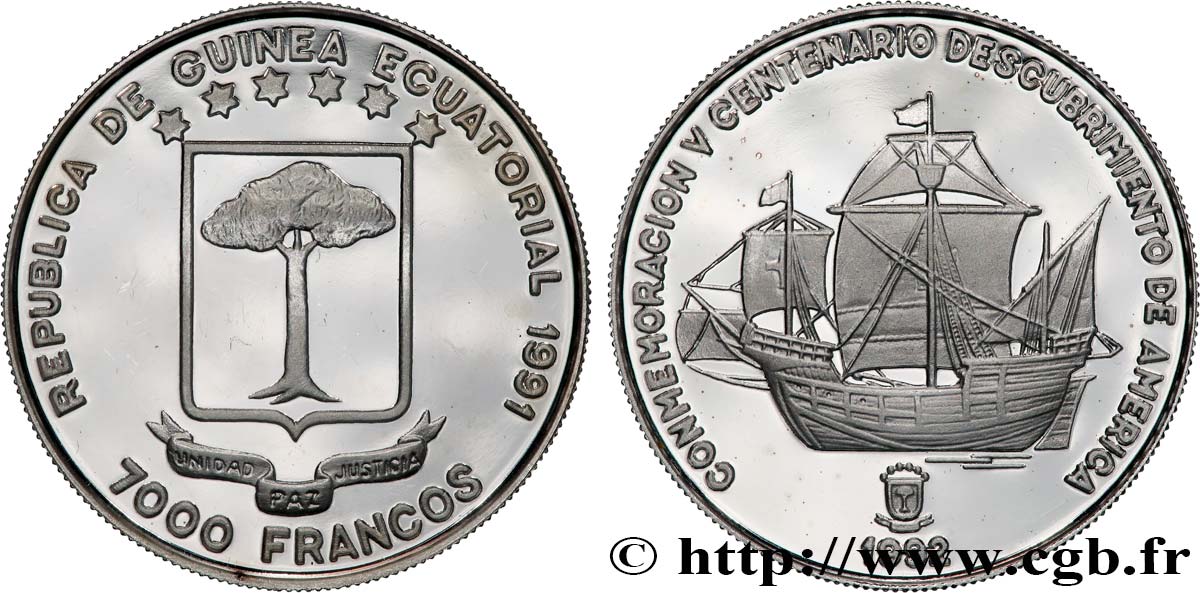 EQUATORIAL GUINEA 7000 Francos Proof 5e anniversaire de la découverte de l’Amérique 1991  MS 