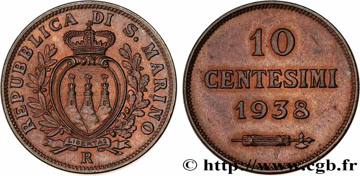 SAN MARINO 10 Centesimi 1938 Rome - R SPL 