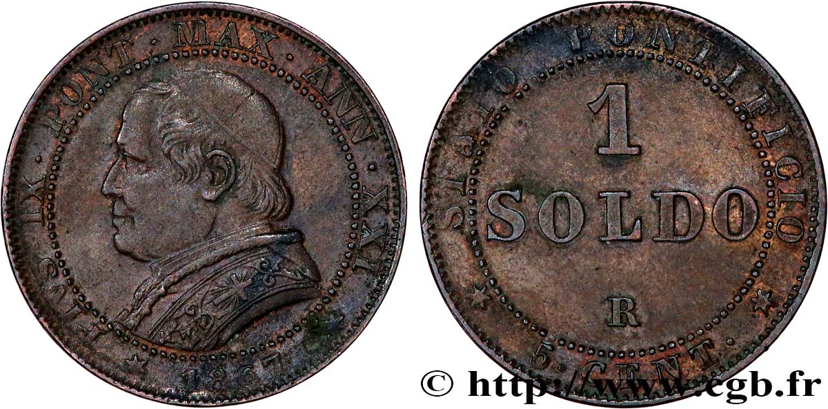 VATICAN ET ÉTATS PONTIFICAUX 1 Soldo an XXI buste large 1867 Rome TTB