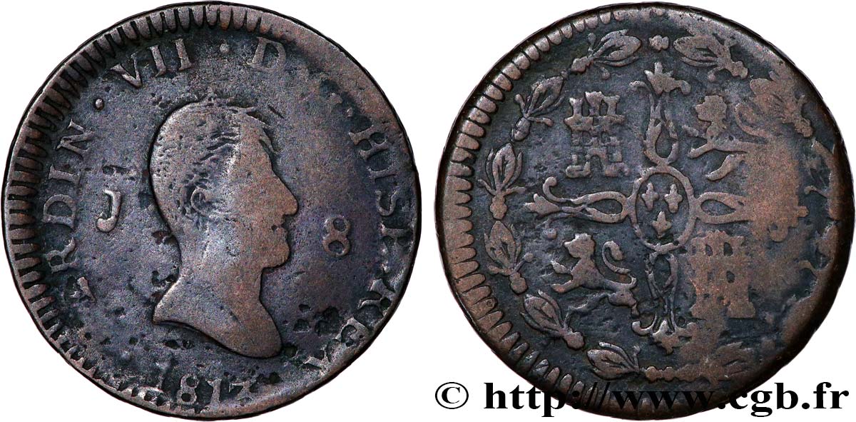 ESPAGNE 8 Maravedis Ferdinand VII 1817 Jubia TB