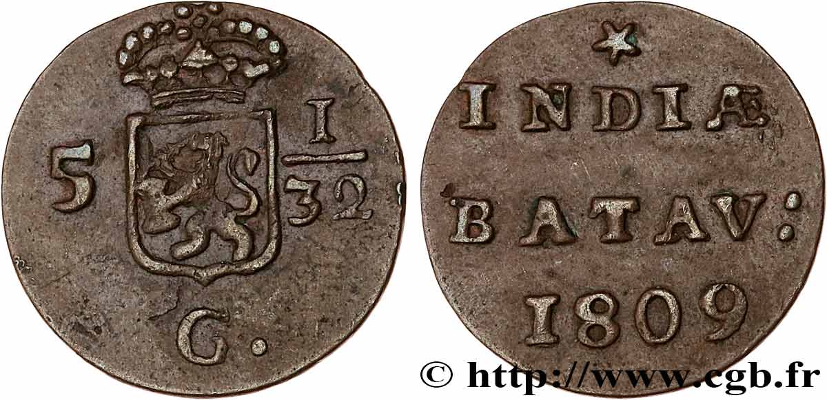 NETHERLANDS INDIES 5 1/32 Gulden (1/2 Duit) écu couronné des Pays-Bas 1809 Enkhuizen AU 