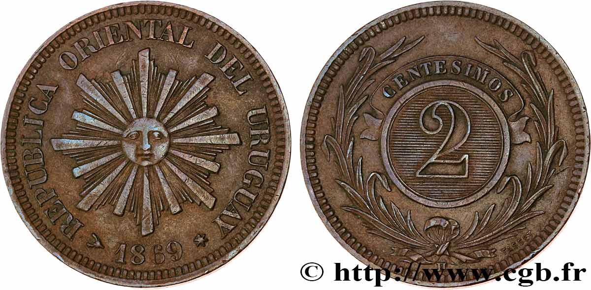 URUGUAY 2 Centesimos soleil 1869 Paris TTB