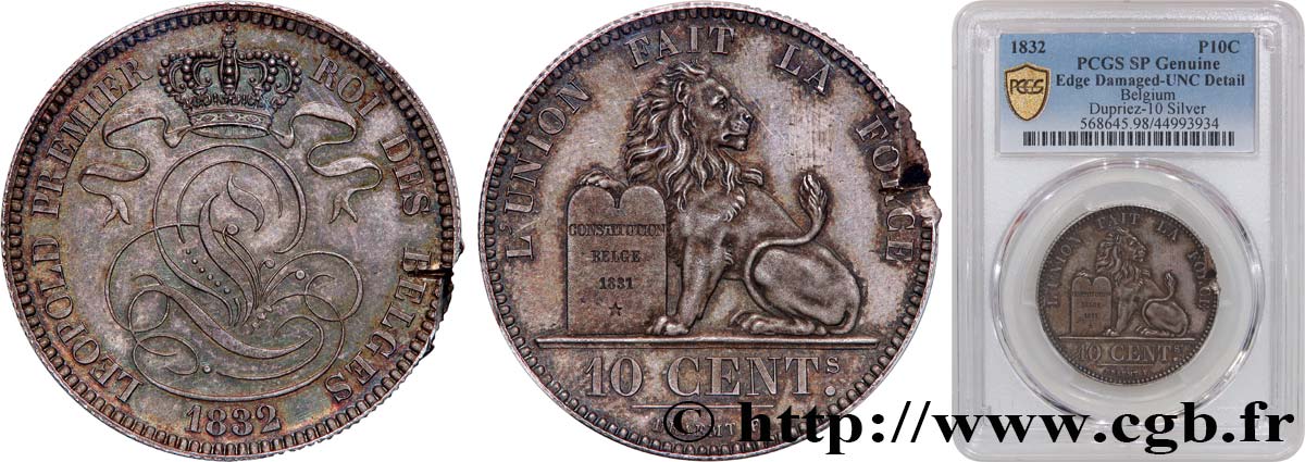 BELGIUM - KINGDOM OF BELGIUM - LEOPOLD I Essai 10 Centimes en argent 1832 Bruxelles MS PCGS