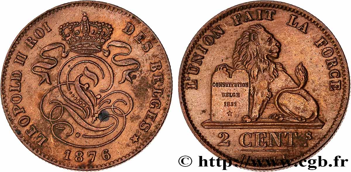 BELGIQUE 2 Centimes lion monogramme de Léopold II 1876  SUP 
