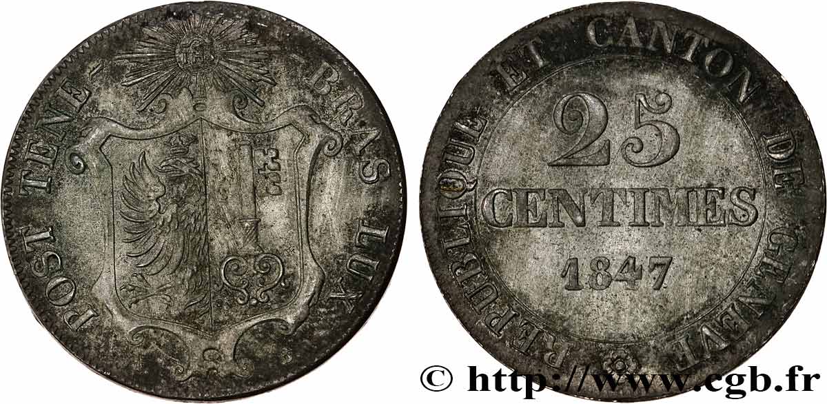 SWITZERLAND - REPUBLIC OF GENEVA 25 Centimes 1847  AU 
