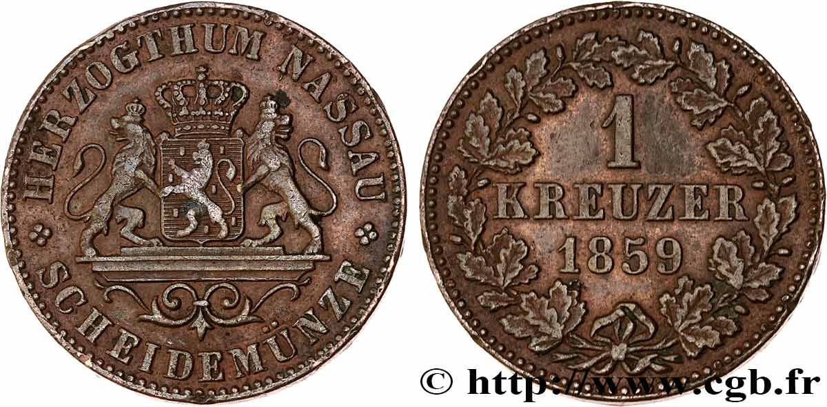 GERMANY - NASSAU 1 Kreuzer 1859  XF 