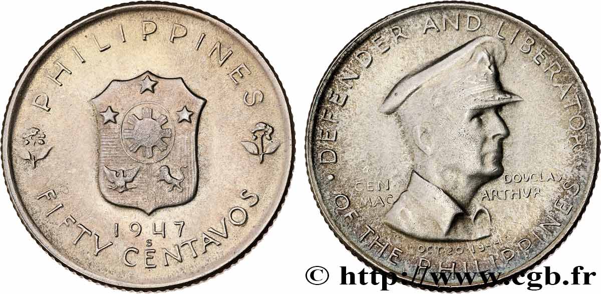 PHILIPPINES 50 Centavos Douglas McArthur 1947 San Francisco AU 