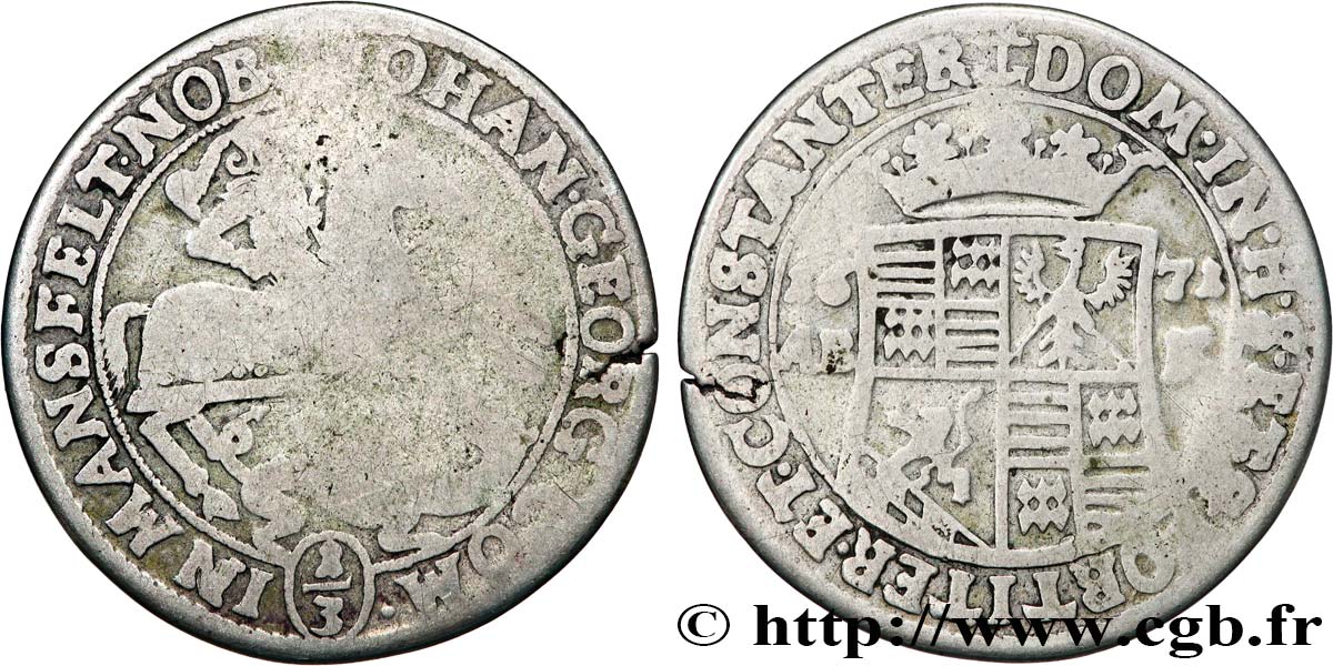 ALLEMAGNE - MANSFELD 1/3 de Thaler au nom de Jean-Georges III 1671 Eisleben B+ 
