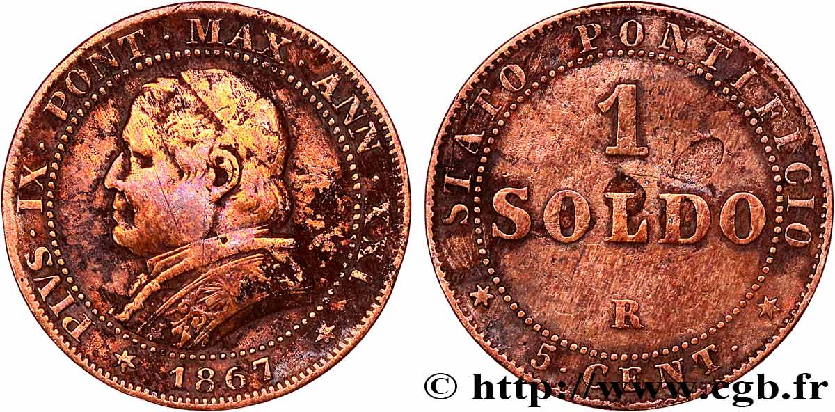VATICAN ET ÉTATS PONTIFICAUX 1 Soldo an XXI buste large 1867 Rome TB