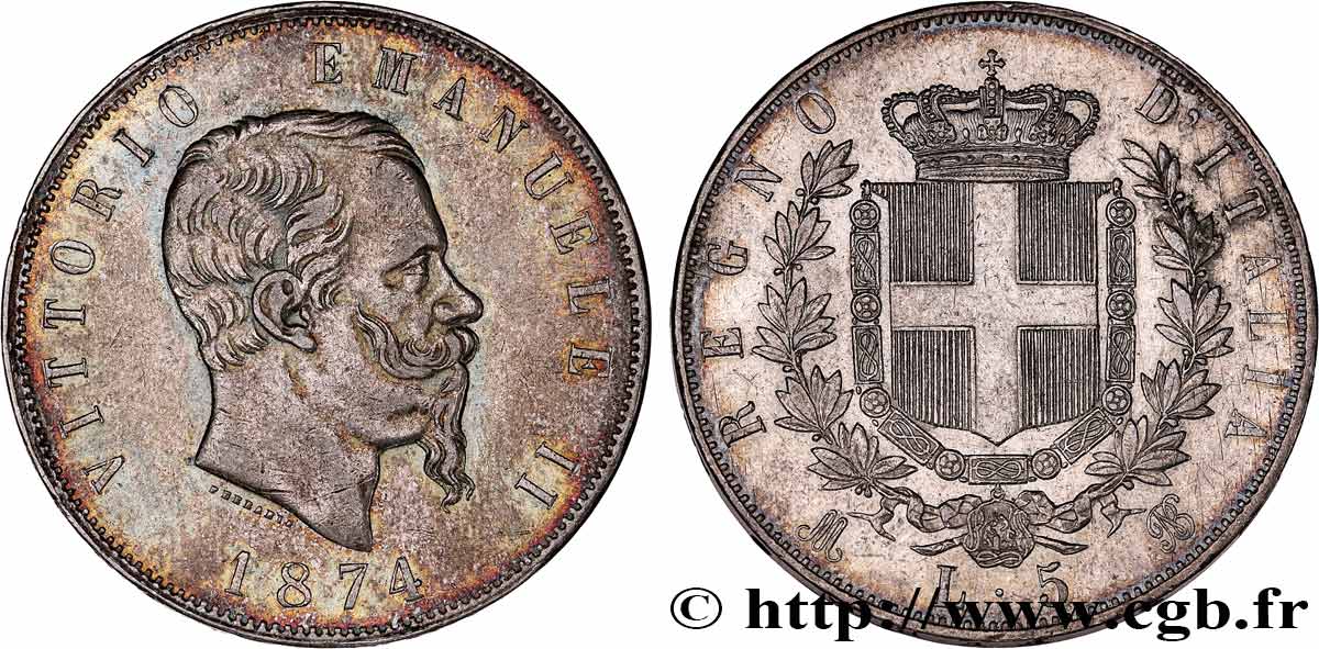 ITALIE 5 Lire Victor Emmanuel II 1874 Milan TTB