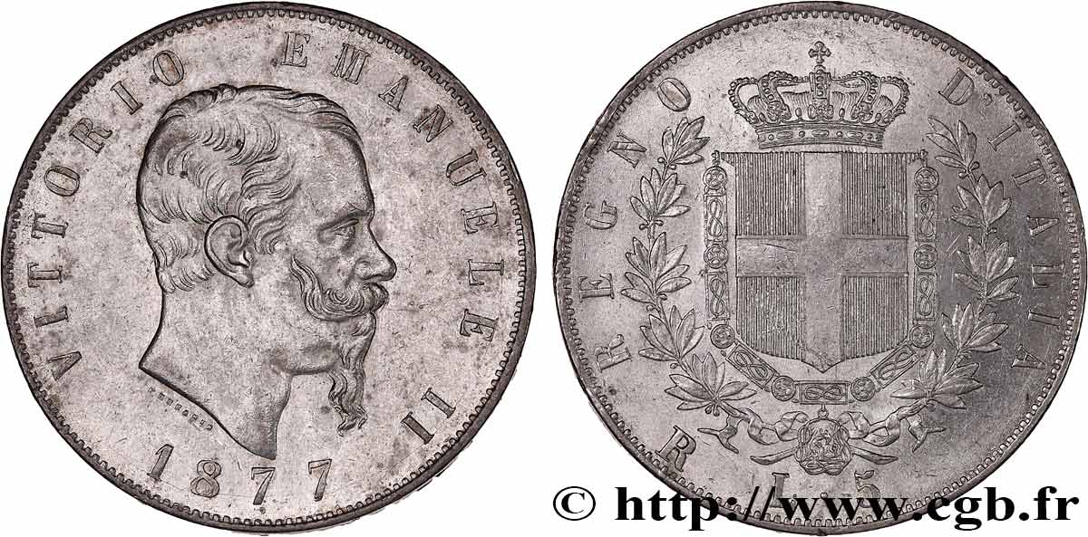 ITALIE - ROYAUME D ITALIE - VICTOR-EMMANUEL II 5 Lire  1877 Rome SUP 